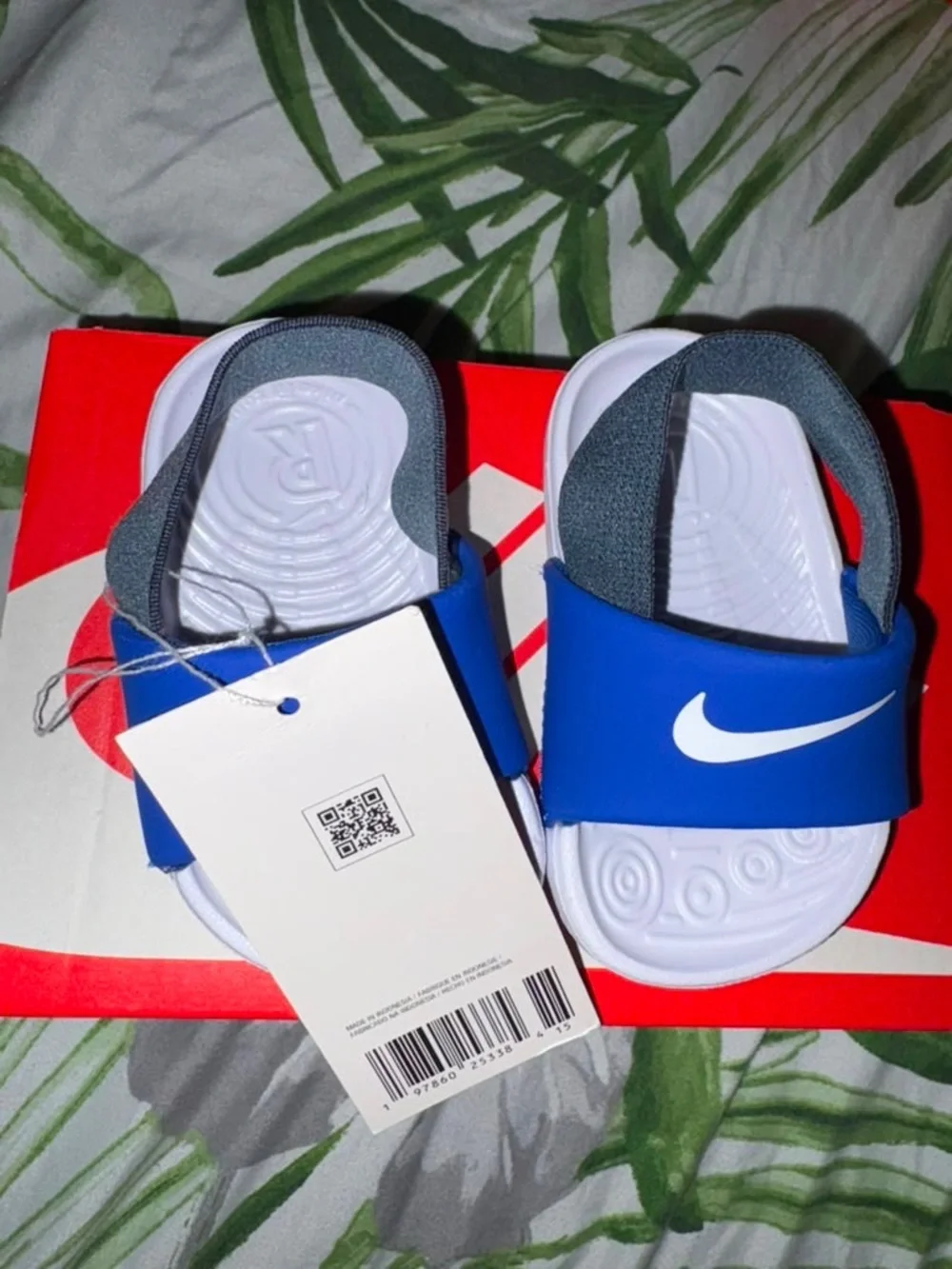 Nike Blue & White Slide Sandals with Gray Heel Strap